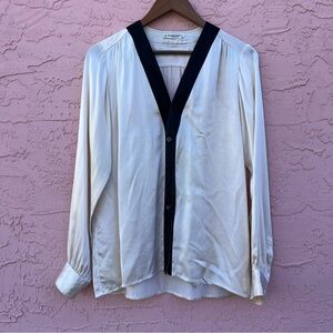 Vintage Saint Laurent Button Up Blouse Black Cream Silky Satin Paris France